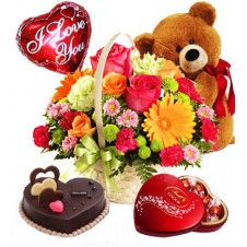 Flowers with Cake, Teddy Bear, Chocolates and Balloons